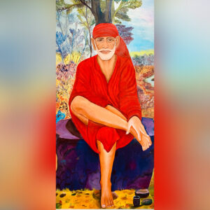 Shiri Sai Baba sitting on Rock Painting in Canvas